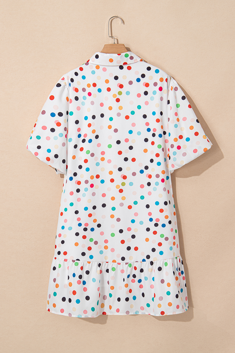 Plus Size White Polka Dot Print Bubble Sleeve Button Up  Shirt Dress