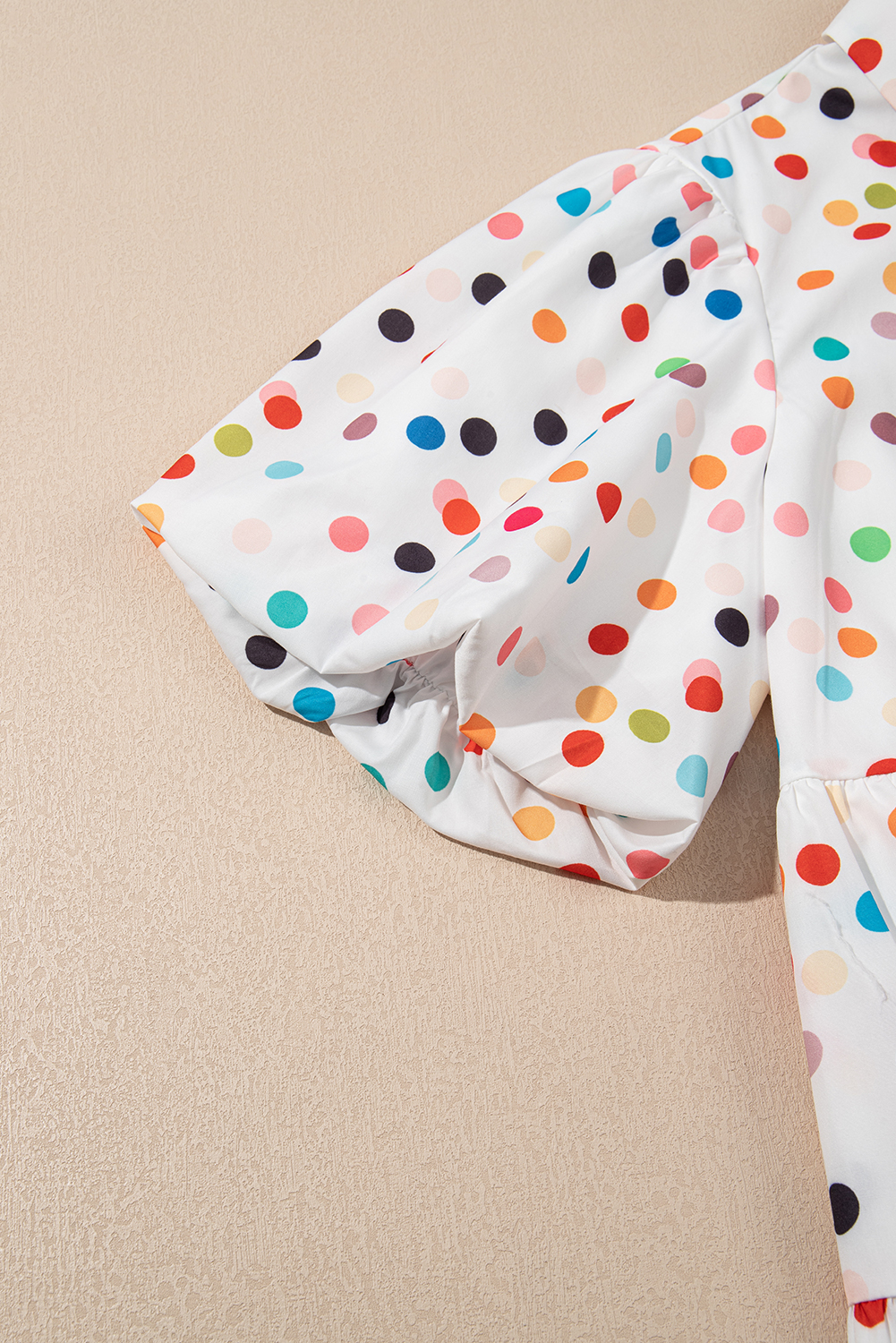 Plus Size White Polka Dot Print Bubble Sleeve Button Up  Shirt Dress