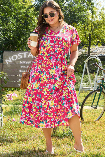 Plus Size Pink Floral Print V Neck Pocketed High Waist  Midi Dress