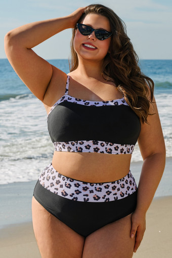Plus Size Black 2pcs Leopard Patchwork  High Waisted Swimsuit