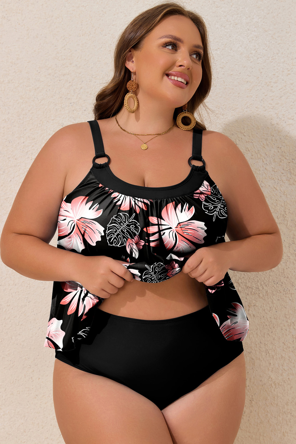 Plus Size Black 2pcs  Wide Strap Floral Top Tankini Set