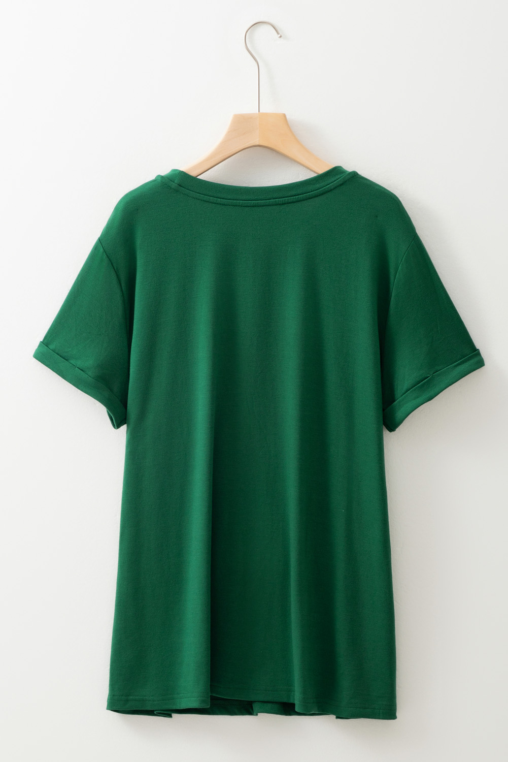 Plus Size Dark Green Round Neck Rolled Sleeve  T-shirt