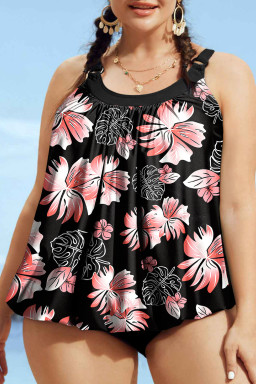 Plus Size Black 2pcs  Wide Strap Floral Top Tankini Set