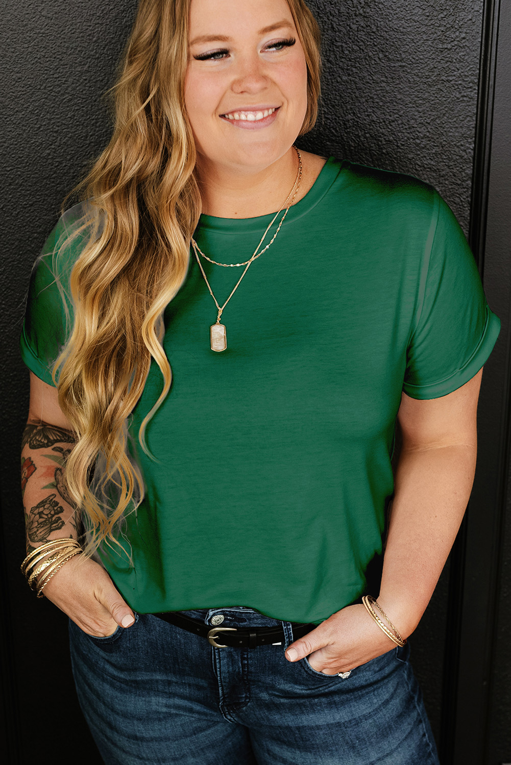 Plus Size Dark Green Round Neck Rolled Sleeve  T-shirt