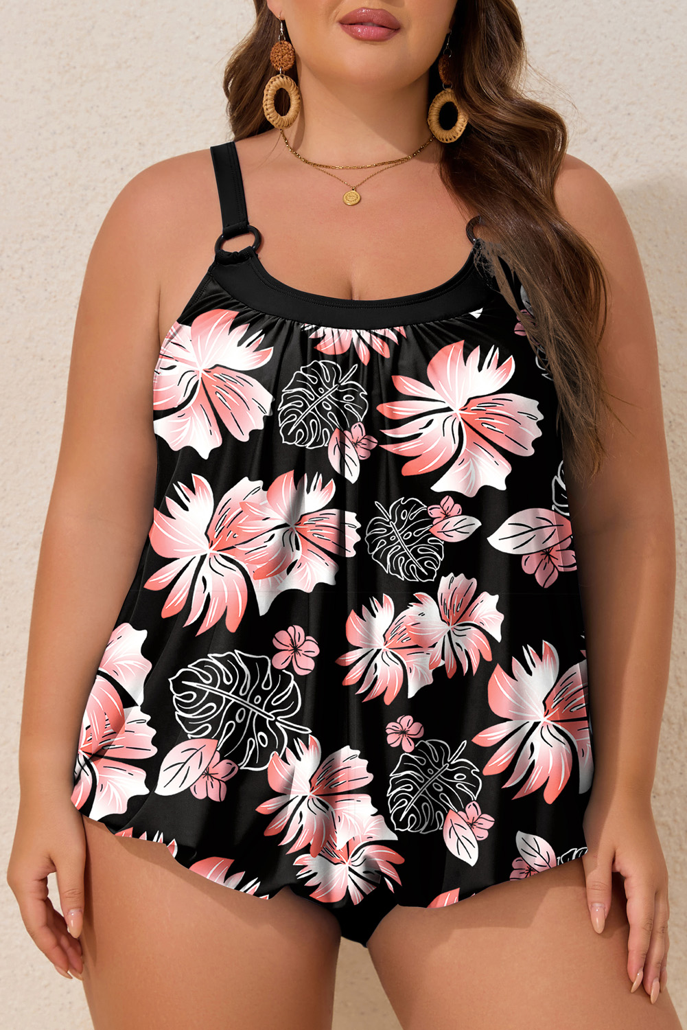 Plus Size Black 2pcs  Wide Strap Floral Top Tankini Set