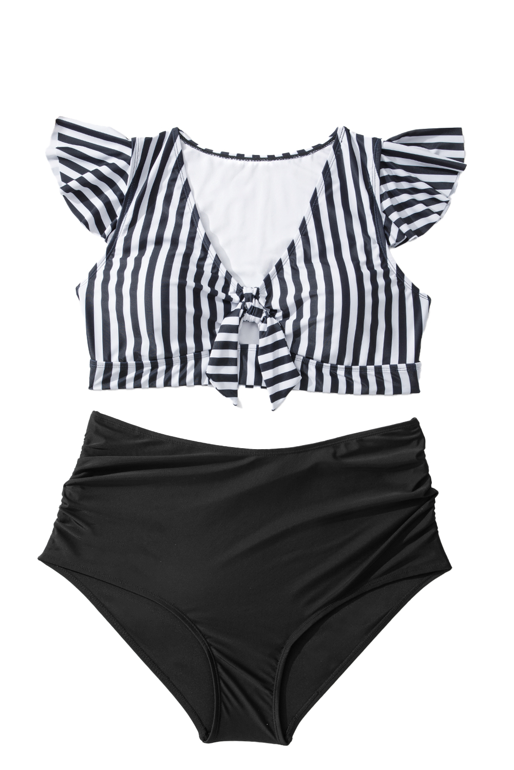 Plus Size Black Stripe  Knot Cutout Ruffle Sleeve and High Waisted 2pcs Swimsuit