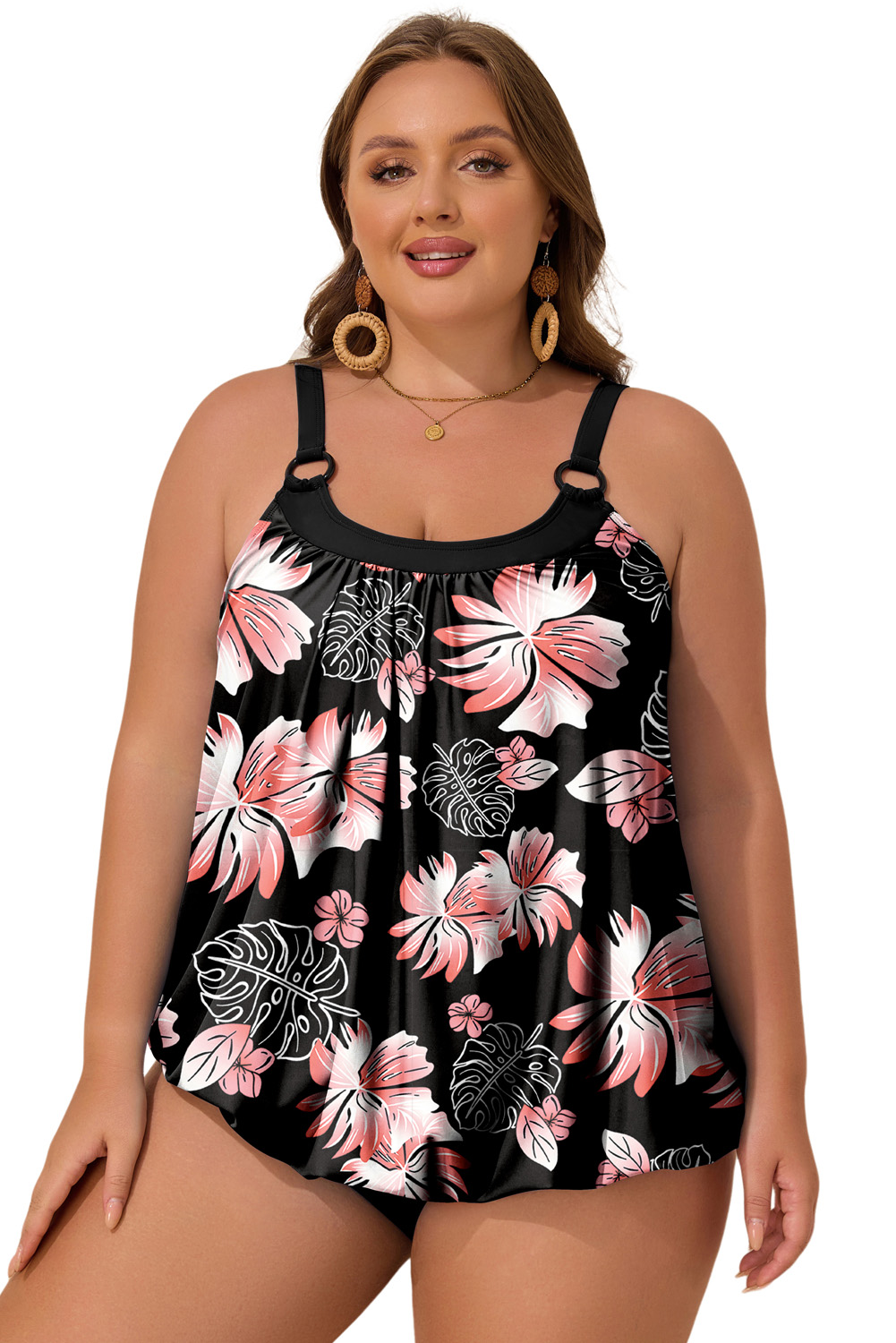 Plus Size Black 2pcs  Wide Strap Floral Top Tankini Set
