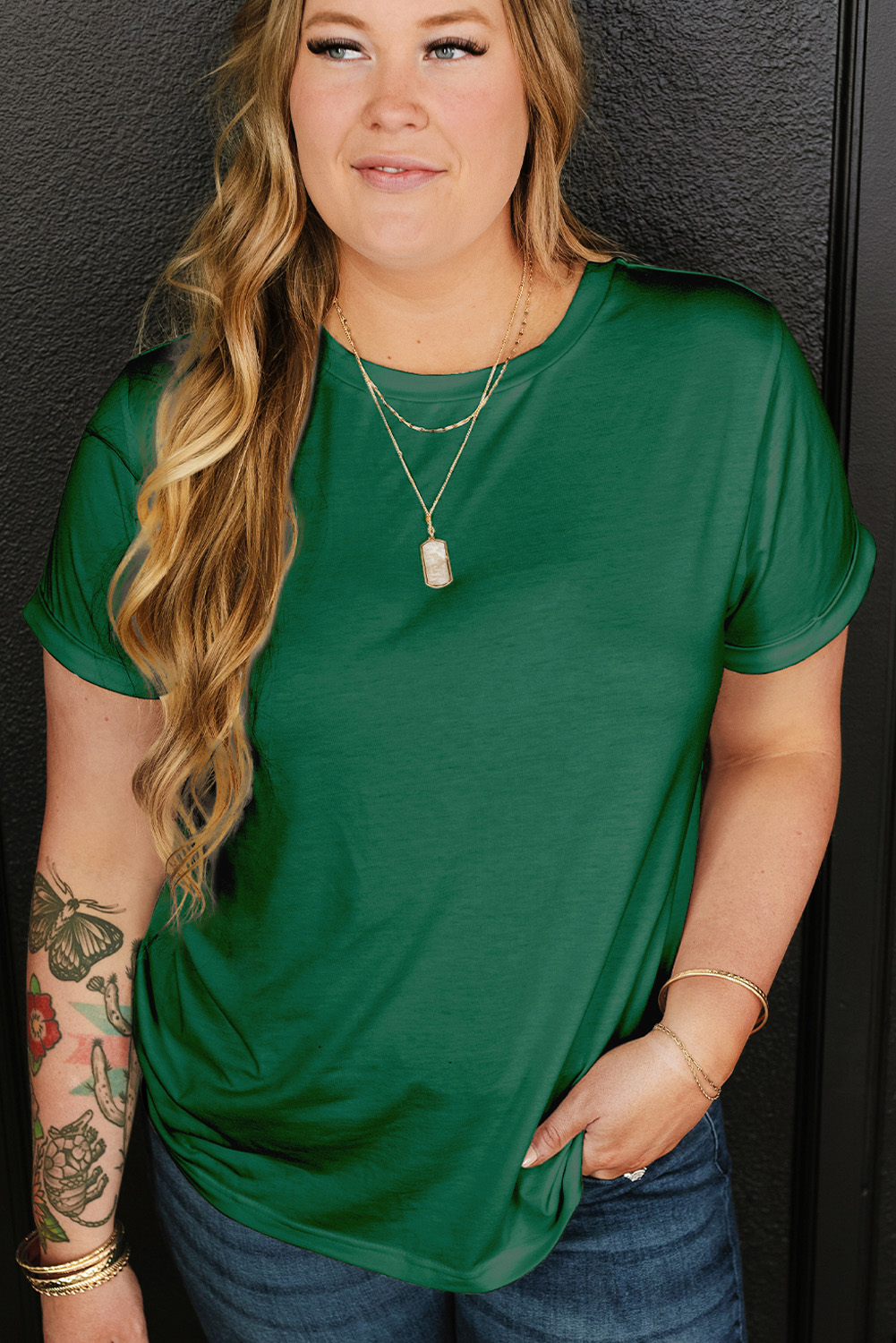 Plus Size Dark Green Round Neck Rolled Sleeve  T-shirt