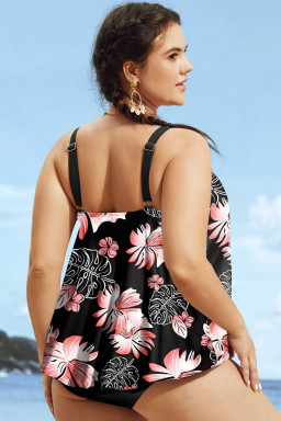 Plus Size Black 2pcs  Wide Strap Floral Top Tankini Set