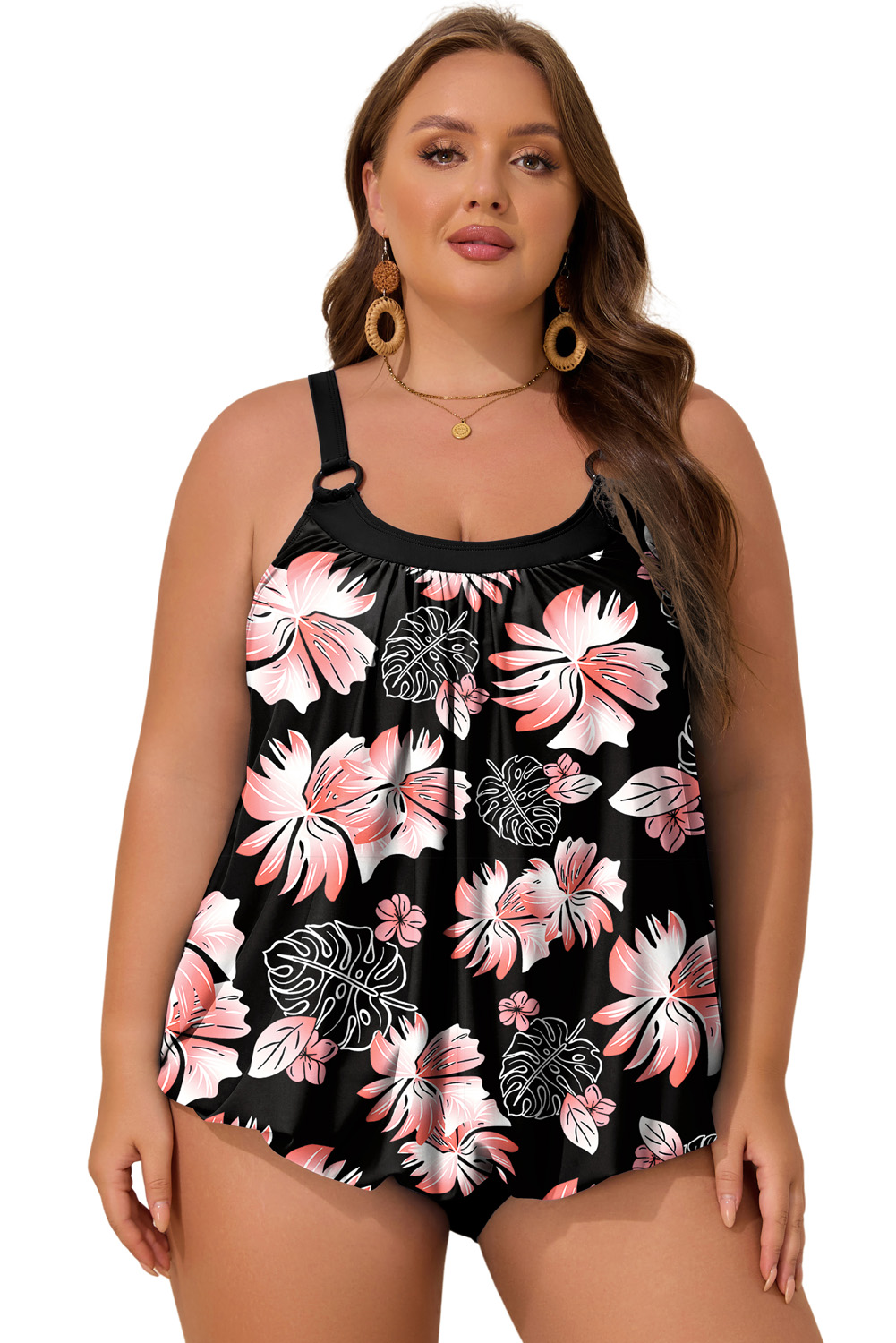 Plus Size Black 2pcs  Wide Strap Floral Top Tankini Set