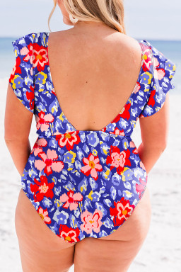 Blue Floral Print Ruffled V Neck High Waist One Piece Swimwear