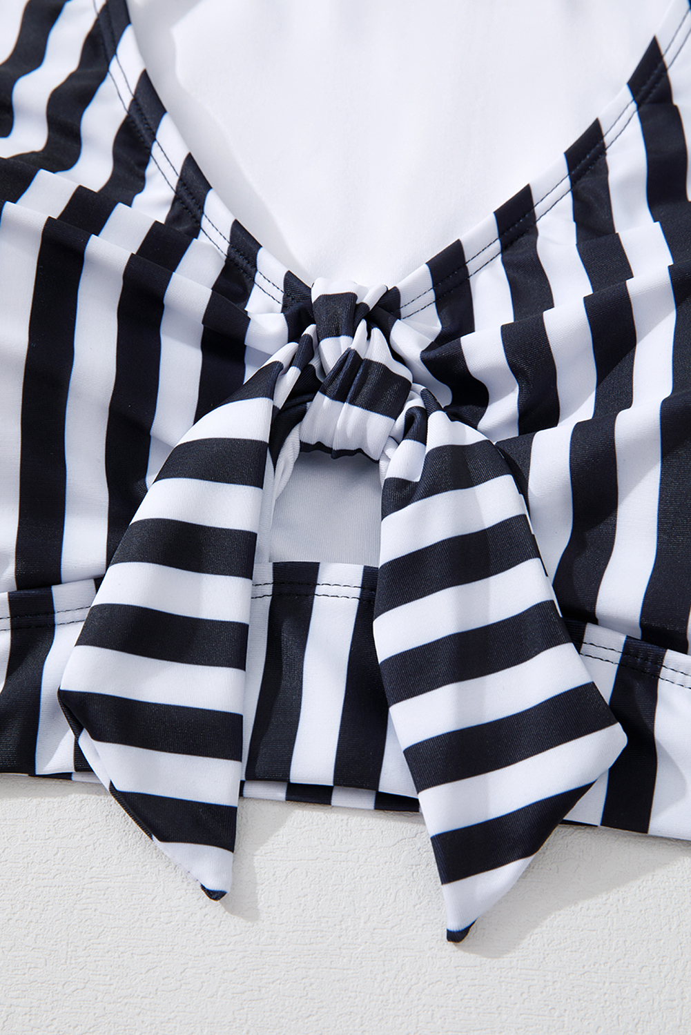 Plus Size Black Stripe  Knot Cutout Ruffle Sleeve and High Waisted 2pcs Swimsuit