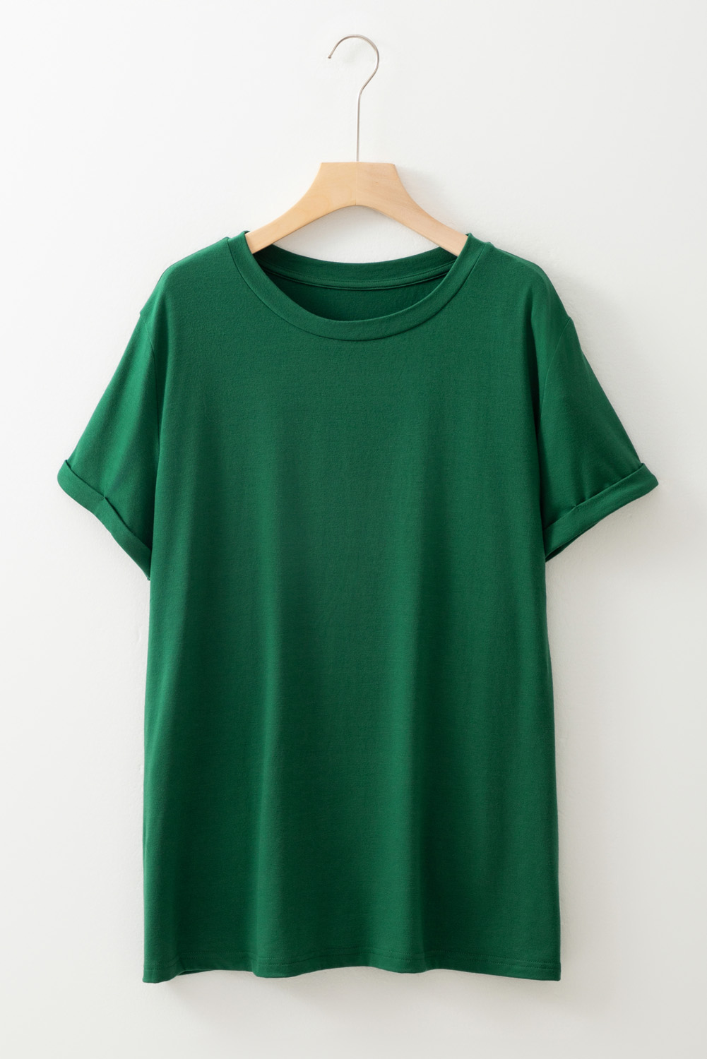Plus Size Dark Green Round Neck Rolled Sleeve  T-shirt