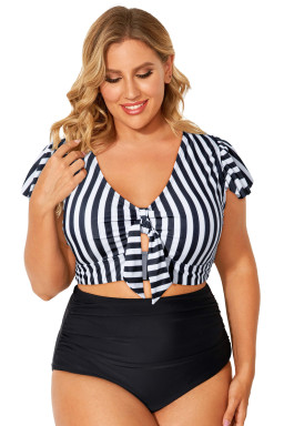 Plus Size Black Stripe  Knot Cutout Ruffle Sleeve and High Waisted 2pcs Swimsuit