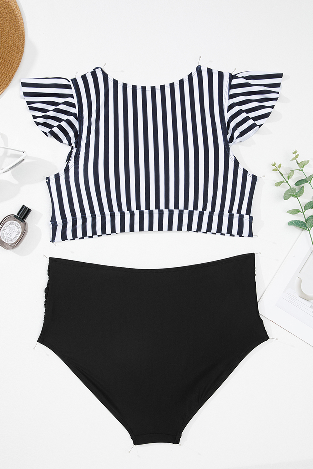 Plus Size Black Stripe  Knot Cutout Ruffle Sleeve and High Waisted 2pcs Swimsuit
