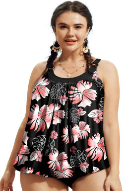 Plus Size Black 2pcs  Wide Strap Floral Top Tankini Set