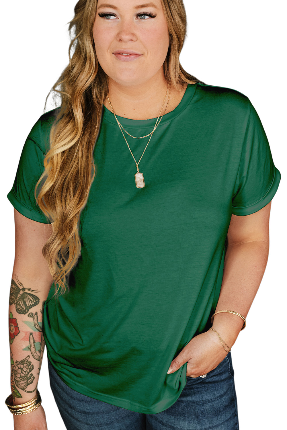 Plus Size Dark Green Round Neck Rolled Sleeve  T-shirt