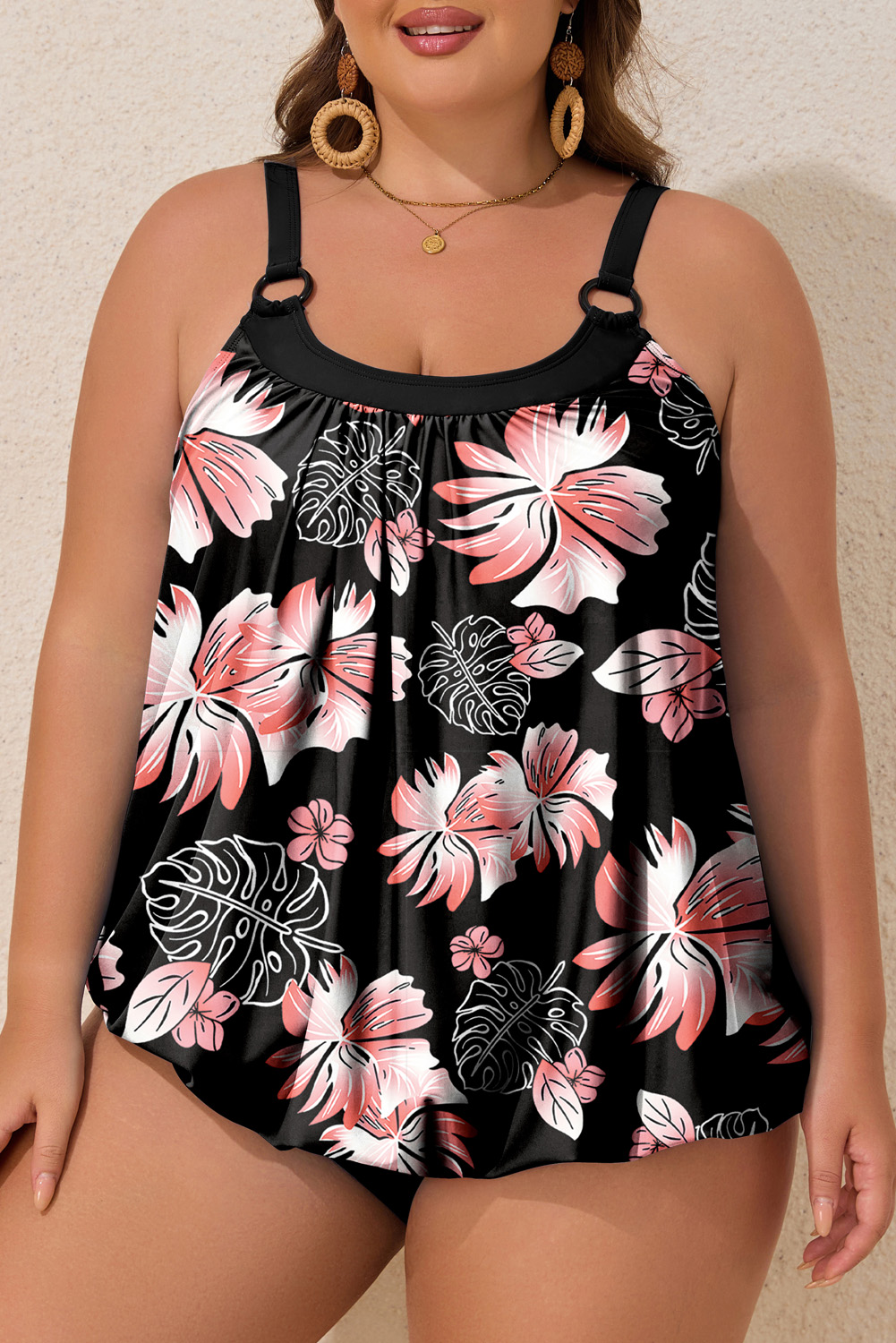 Plus Size Black 2pcs  Wide Strap Floral Top Tankini Set
