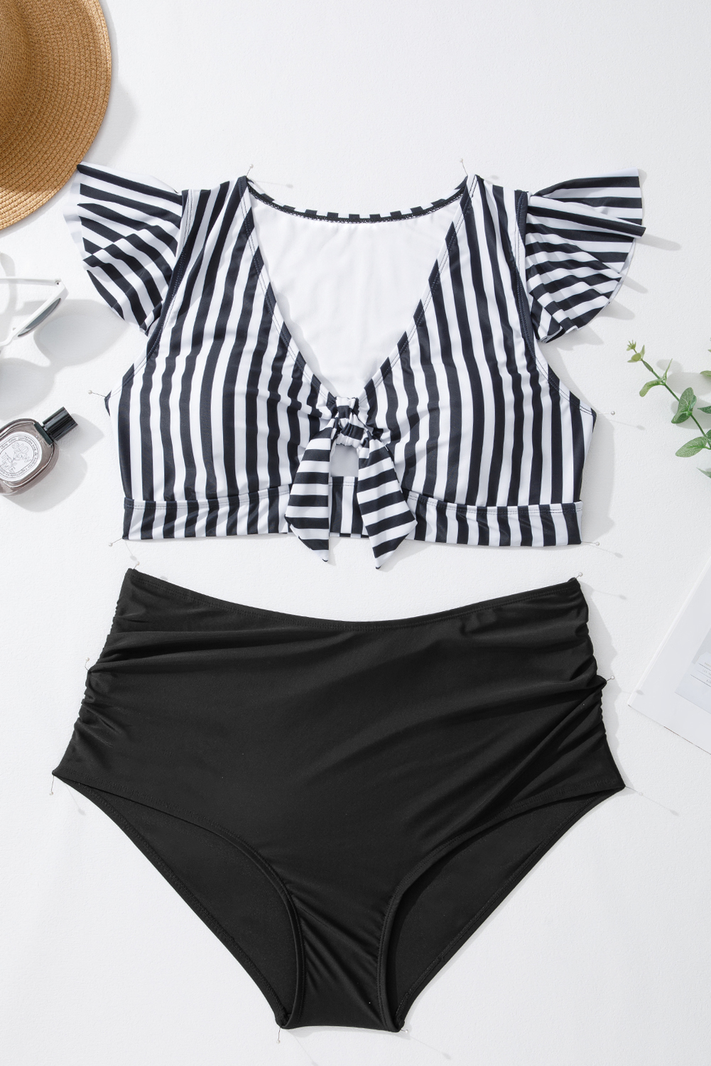 Plus Size Black Stripe  Knot Cutout Ruffle Sleeve and High Waisted 2pcs Swimsuit