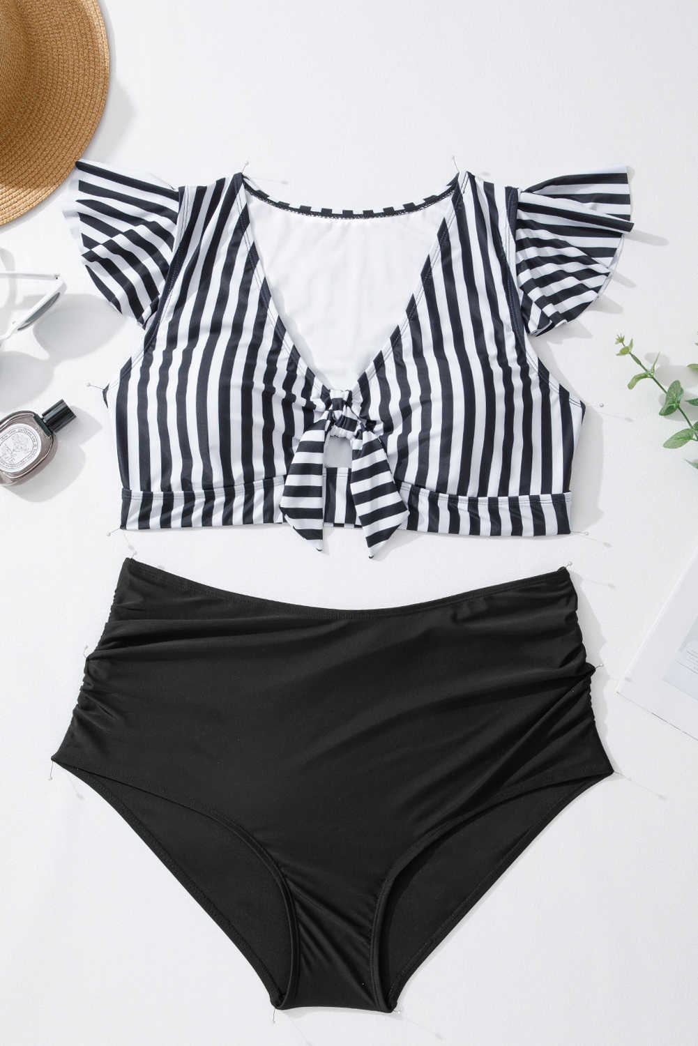 Plus Size Black Stripe  Knot Cutout Ruffle Sleeve and High Waisted 2pcs Swimsuit