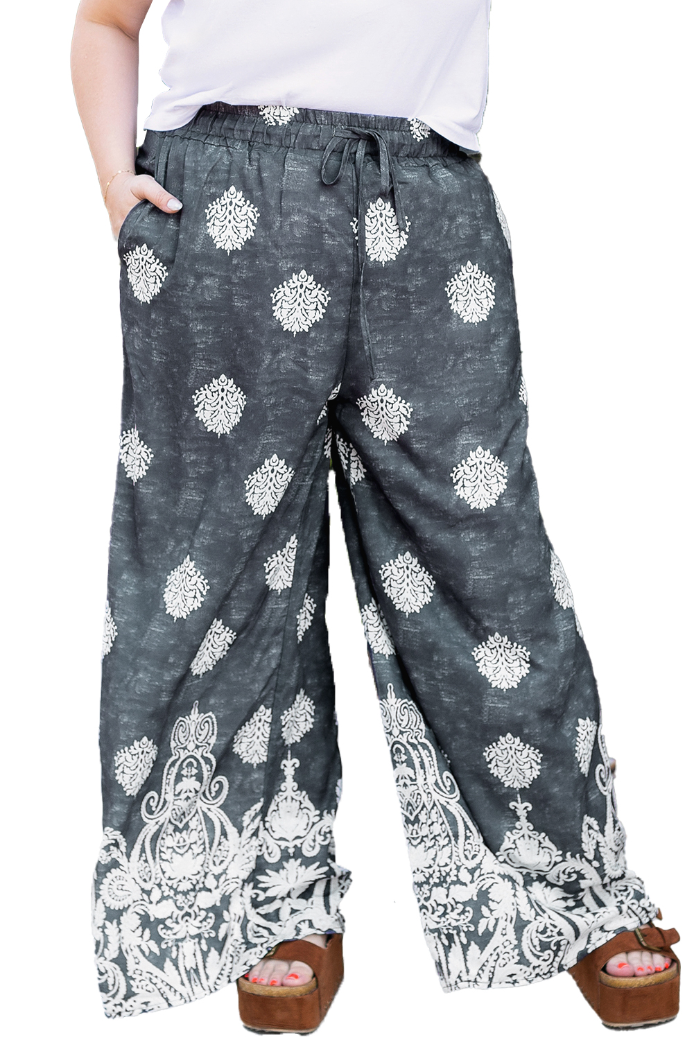 Plus Size Black  Geometric Ethnic Print Drawstring Wide Leg Pants