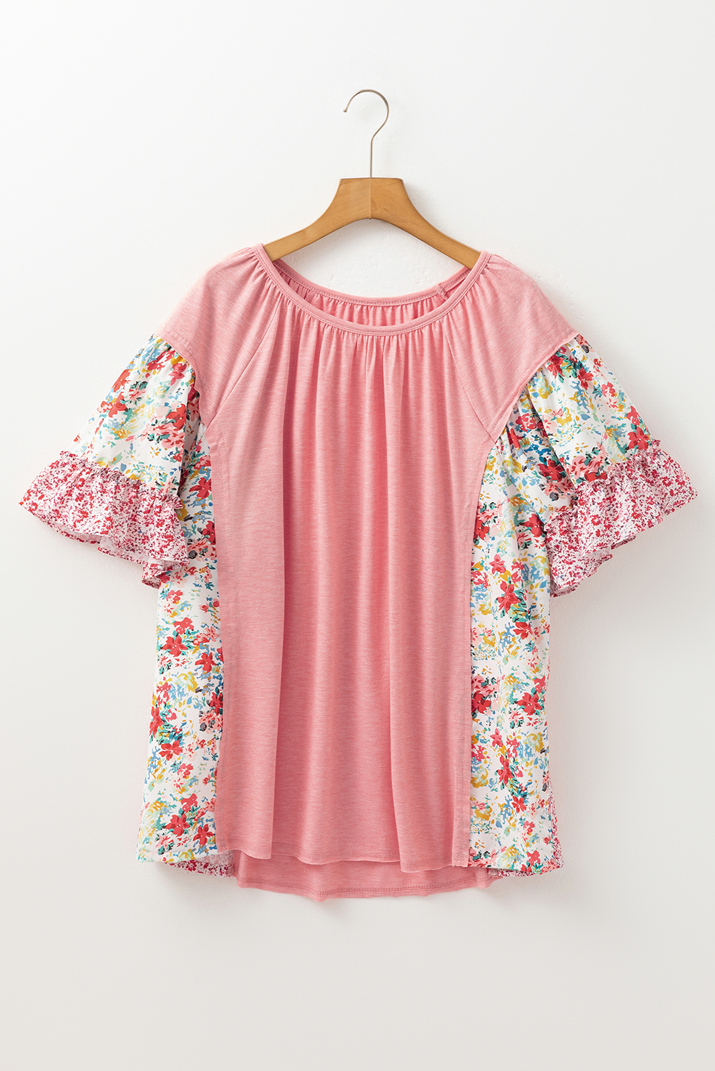 Plus Size Pink  Floral Patchwork Ruffled Short Sleeve Blouse