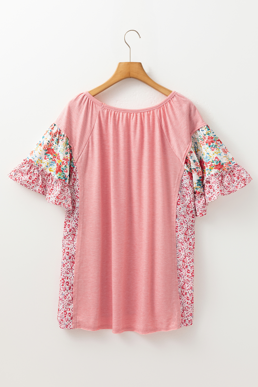 Plus Size Pink  Floral Patchwork Ruffled Short Sleeve Blouse