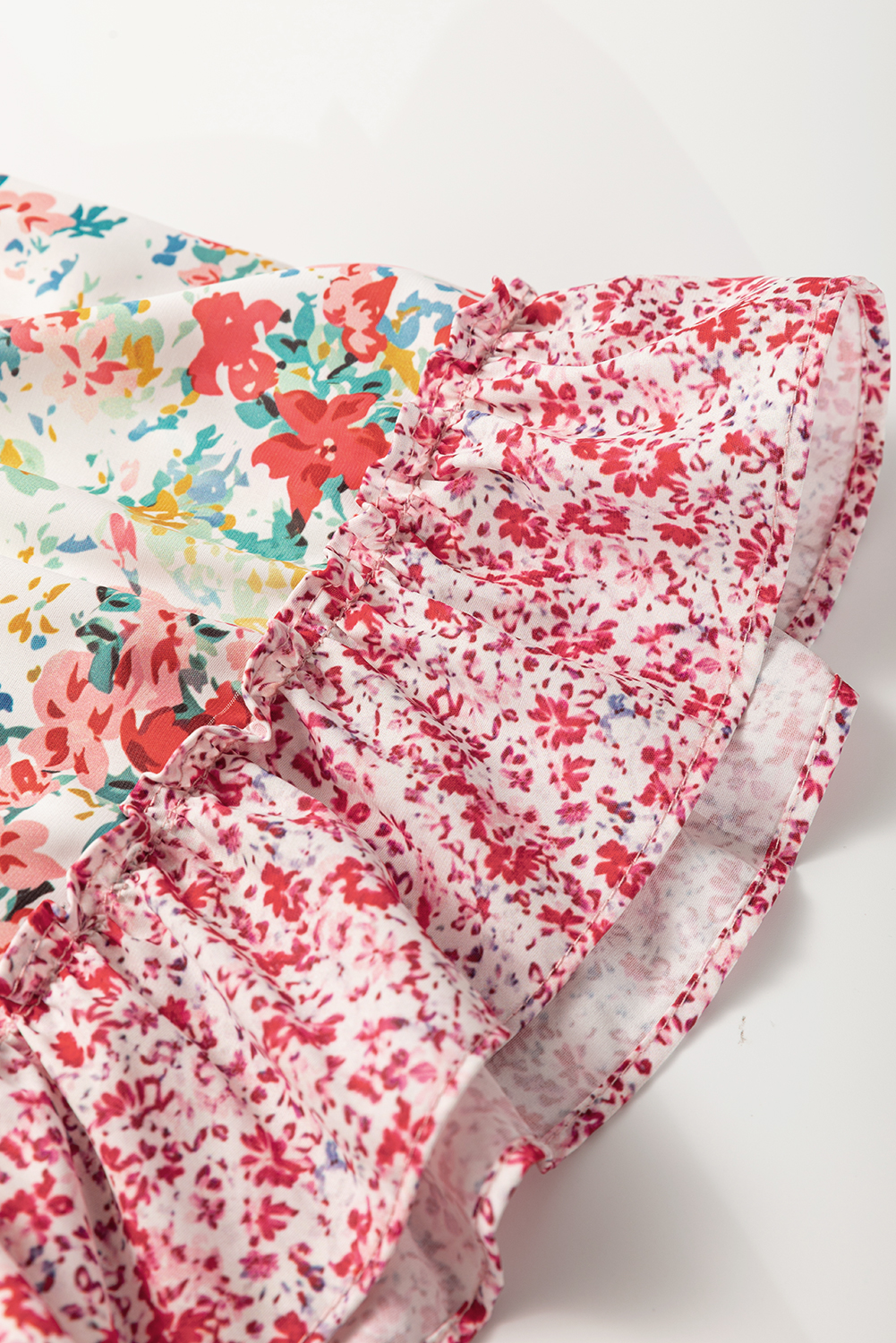 Plus Size Pink  Floral Patchwork Ruffled Short Sleeve Blouse