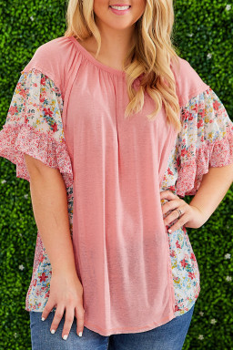 Plus Size Pink  Floral Patchwork Ruffled Short Sleeve Blouse