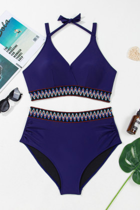 Plus Size Navy Blue Embroidered Trim Wrap Tie Knot  High Waisted Bikini