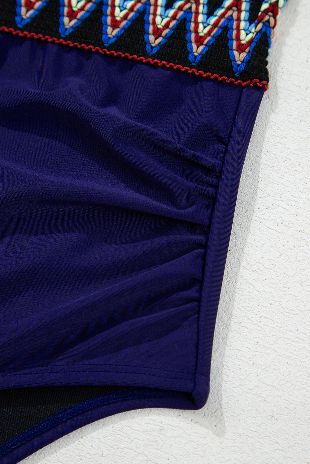 Plus Size Navy Blue Embroidered Trim Wrap Tie Knot  High Waisted Bikini