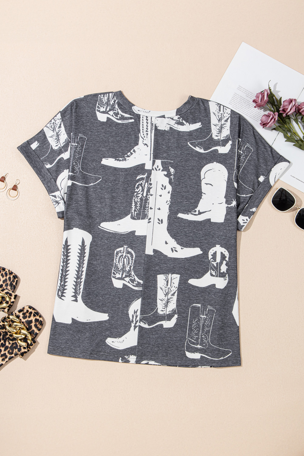 Plus Size Gray  Western Boots Print Crew Neck T Shirt