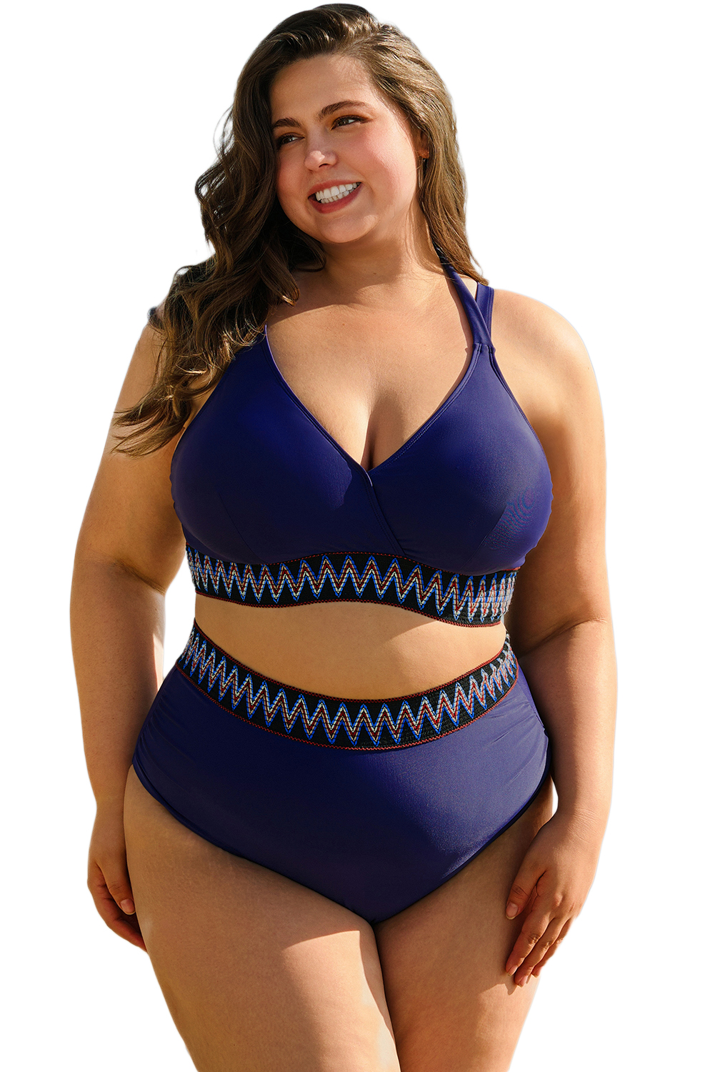 Plus Size Navy Blue Embroidered Trim Wrap Tie Knot  High Waisted Bikini