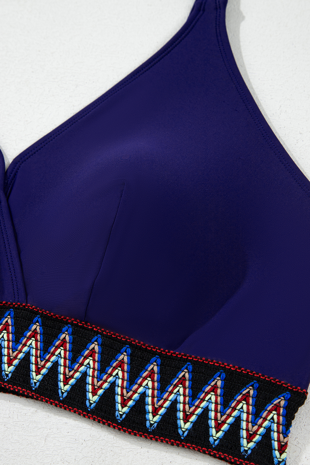 Plus Size Navy Blue Embroidered Trim Wrap Tie Knot  High Waisted Bikini