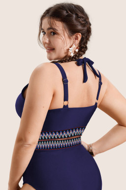 Plus Size Navy Blue Embroidered Trim Wrap Tie Knot  High Waisted Bikini