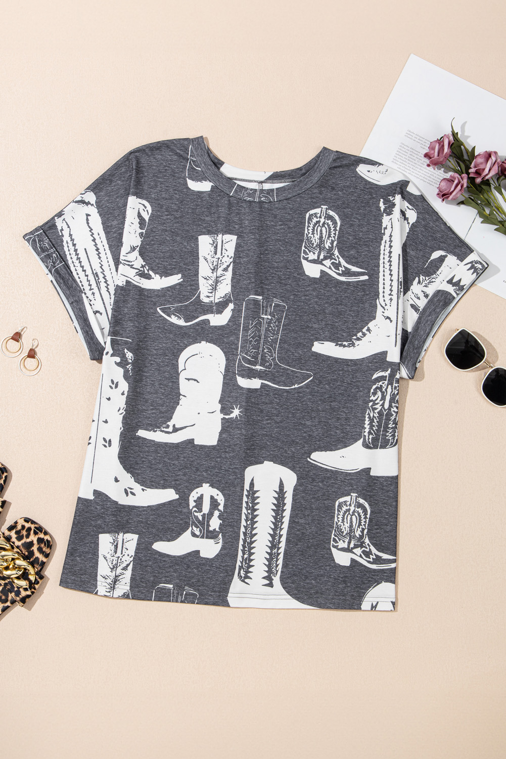 Plus Size Gray  Western Boots Print Crew Neck T Shirt