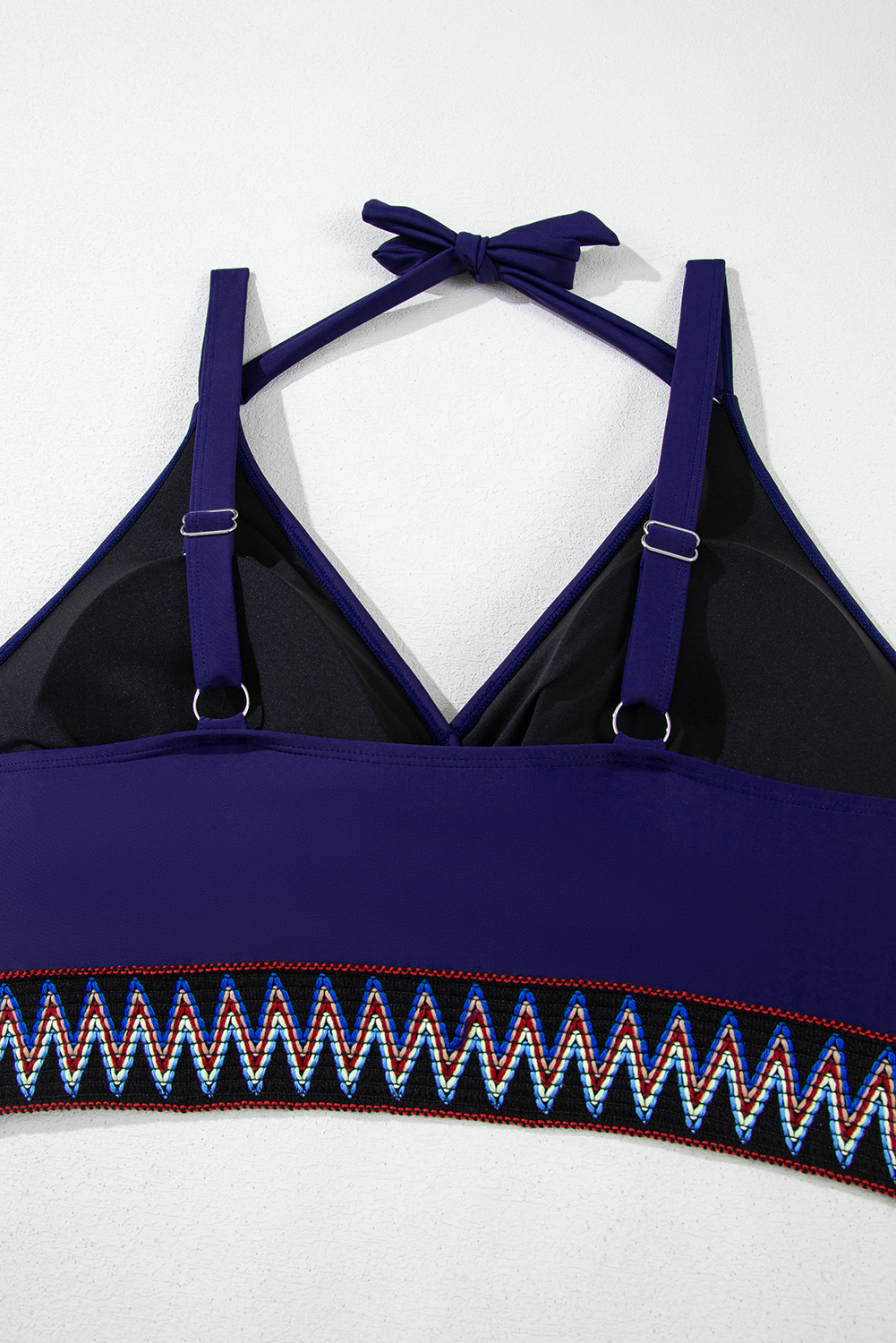 Plus Size Navy Blue Embroidered Trim Wrap Tie Knot  High Waisted Bikini