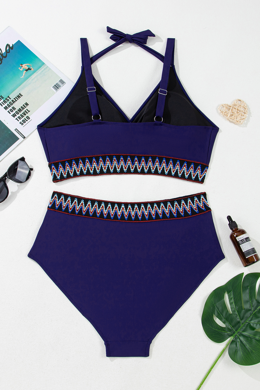 Plus Size Navy Blue Embroidered Trim Wrap Tie Knot  High Waisted Bikini