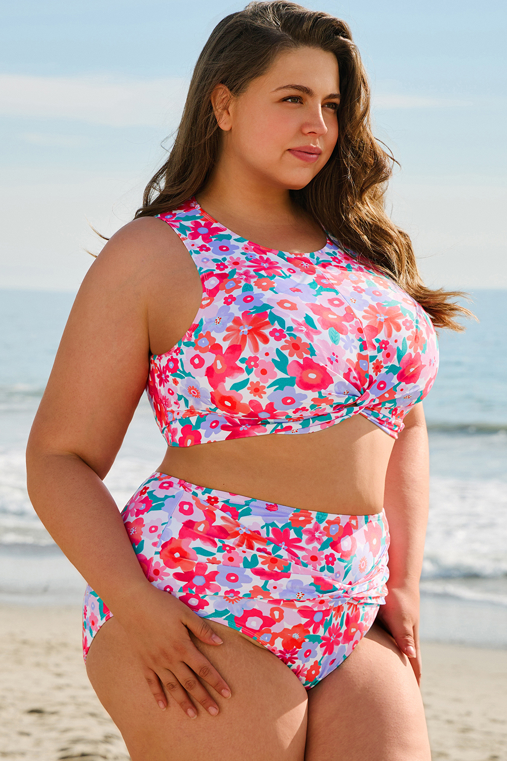 Plus Size Rose  Floral Print Twisted High Waist Bikini Set