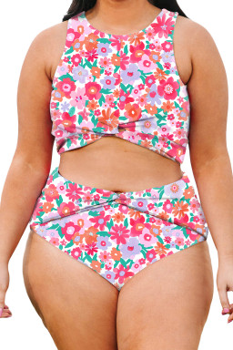 Plus Size Rose  Floral Print Twisted High Waist Bikini Set