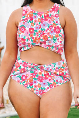 Plus Size Rose  Floral Print Twisted High Waist Bikini Set