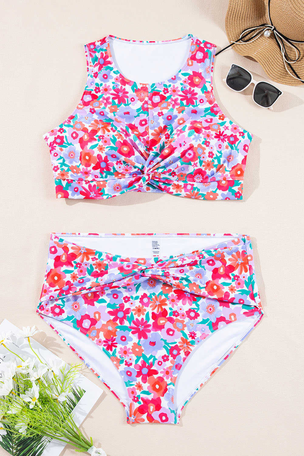Plus Size Rose  Floral Print Twisted High Waist Bikini Set