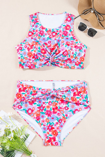 Plus Size Rose  Floral Print Twisted High Waist Bikini Set