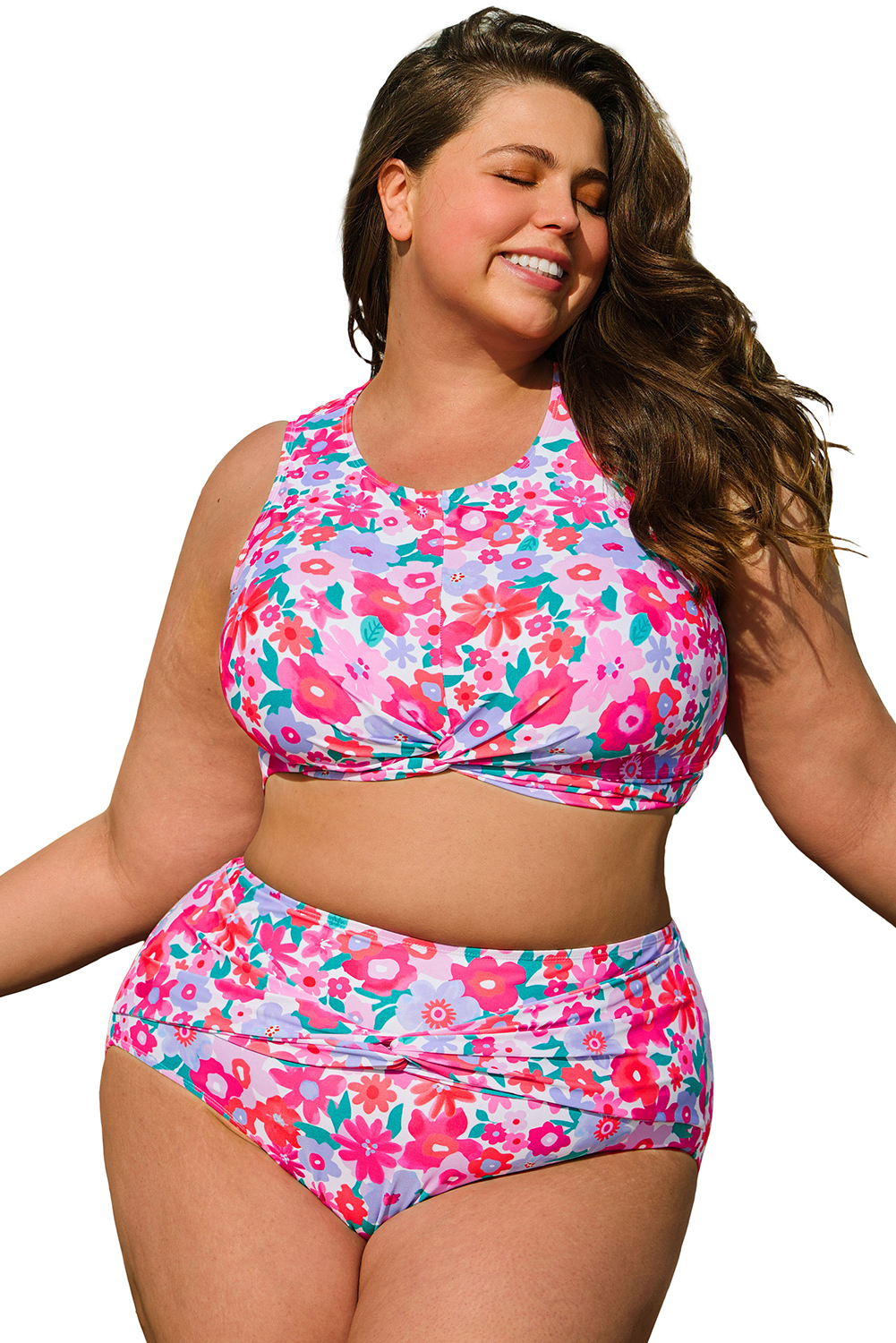 Plus Size Rose  Floral Print Twisted High Waist Bikini Set