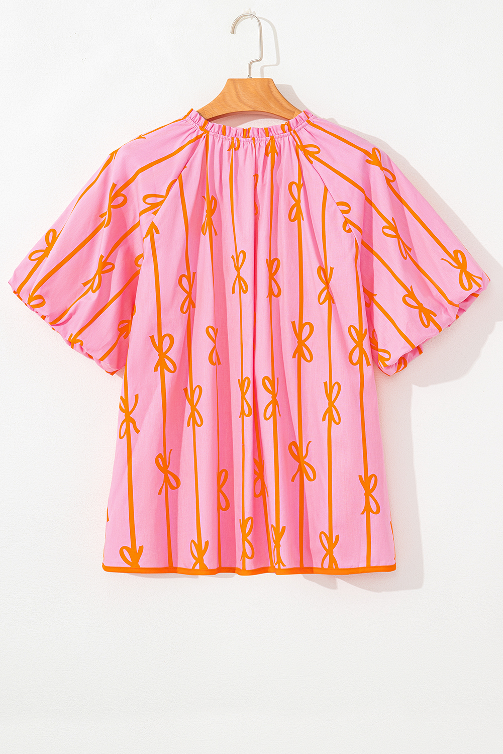 Plus Size Rose Bowknot Print Shirred V Neck Puff Sleeve  Blouse