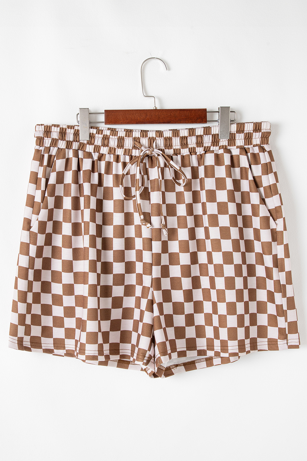 Plus Size Brown  Checkerboard Print Side Slim Tee Shorts Set