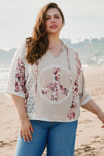Plus Size Khaki V Neck Floral Peace Sign Graphic Lace Patch Ribbed  Hooded Top