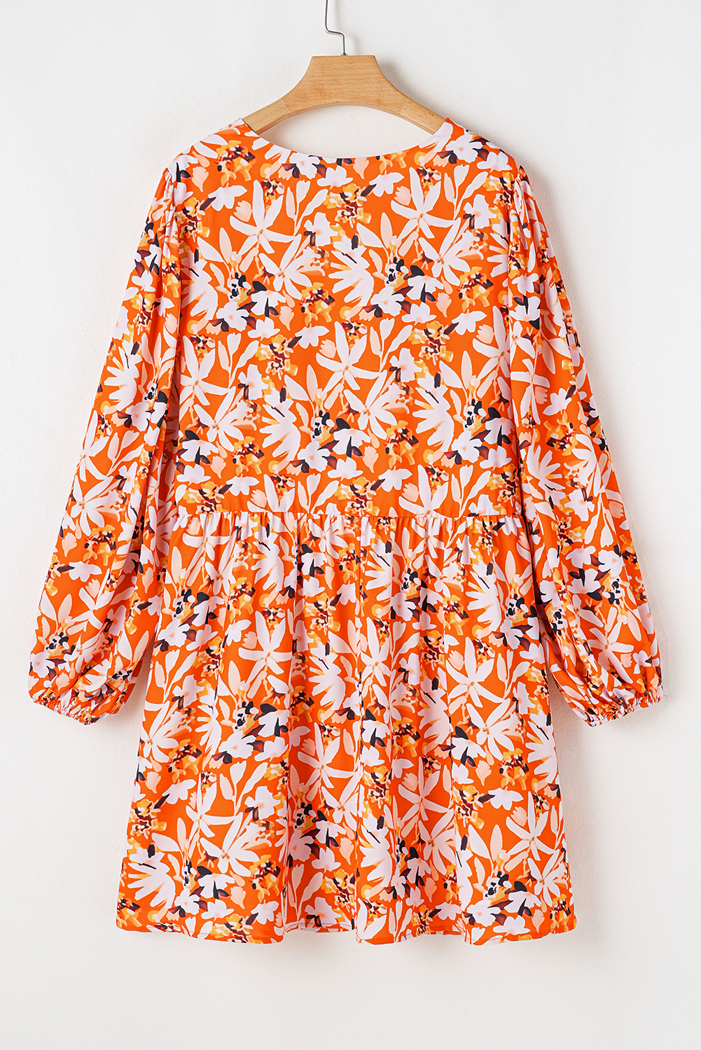 Plus Size Orange Floral Print Split V Neck Bubble Sleeve  Midi Dress
