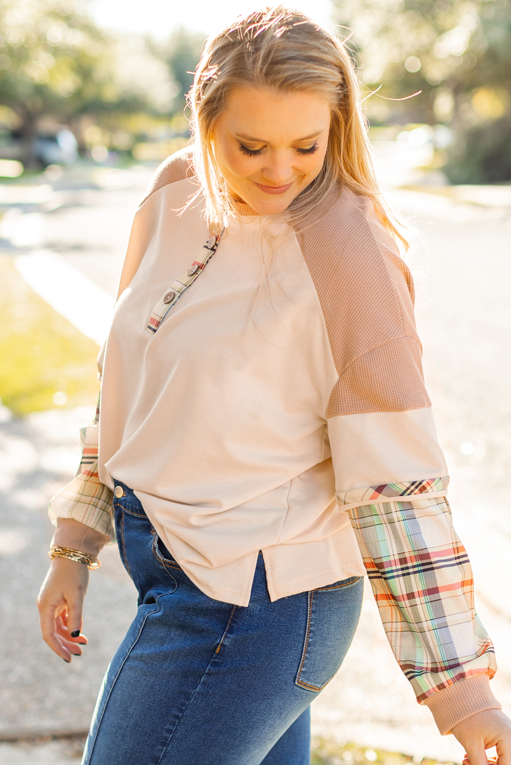 Plus Size Parchment  Plaid Patchwork Layered Henley Top