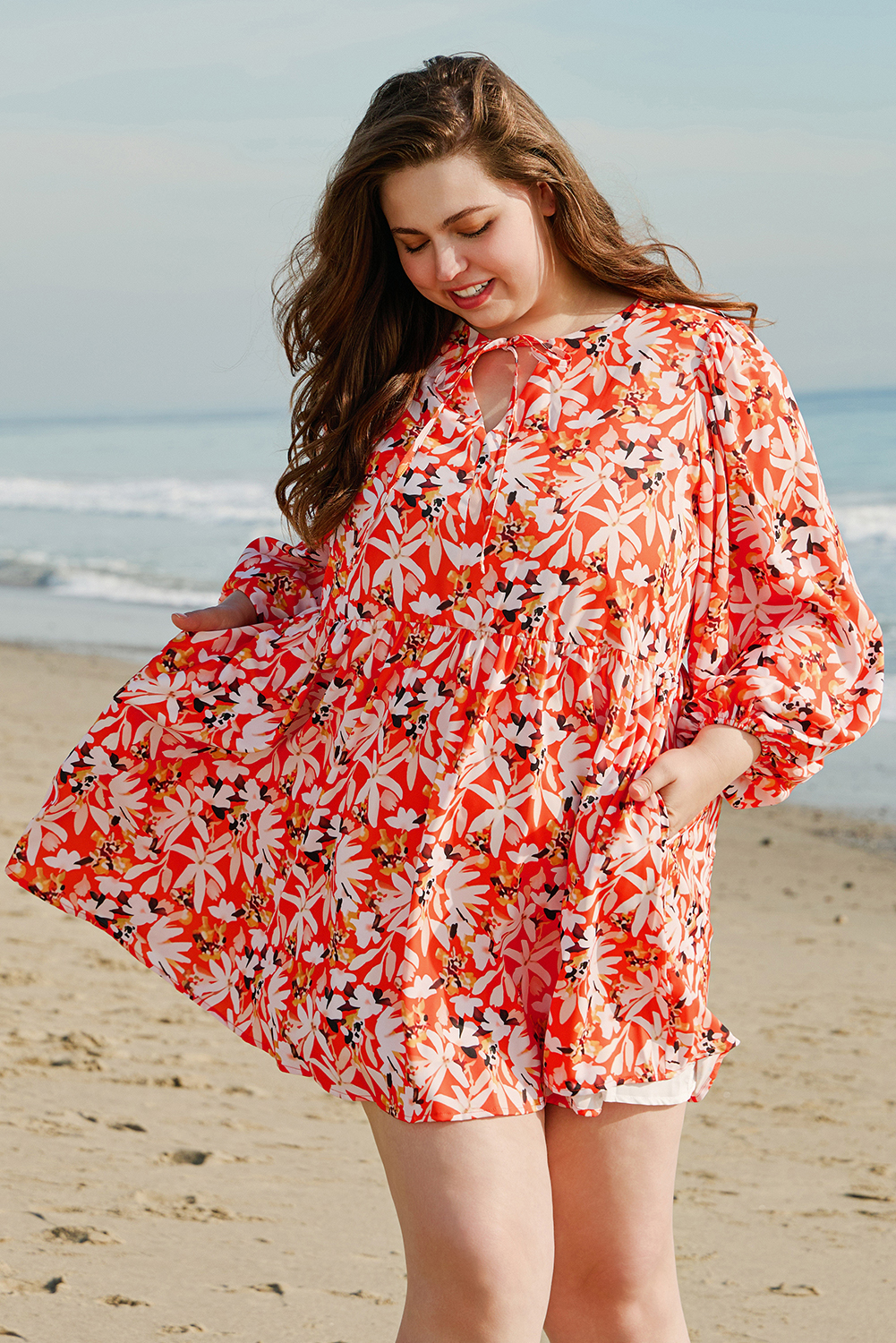 Plus Size Orange Floral Print Split V Neck Bubble Sleeve  Midi Dress